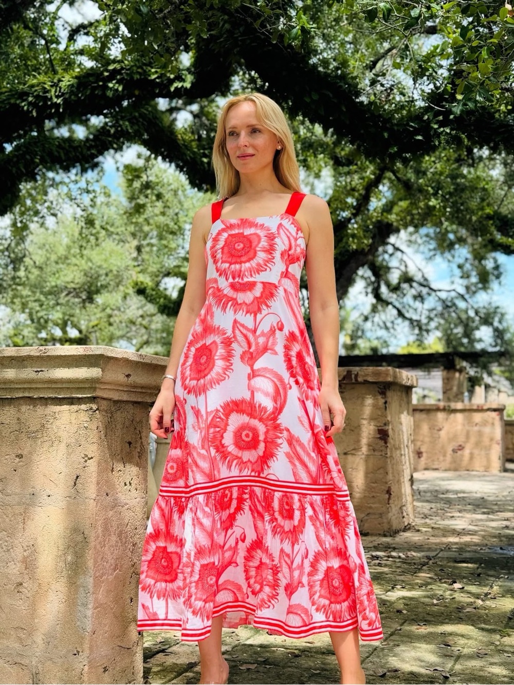 🆕 Coral Red Floral Maxi Dress with Wide Straps